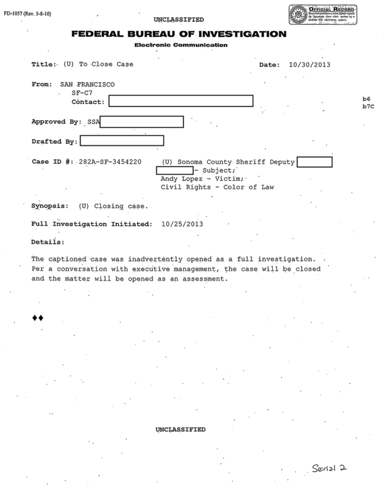 Unearthed FBI memo reveals agency quietly backed off from full investigation of Andy Lopez shooting—less than a week after announcing it on Oct. 25 2013.