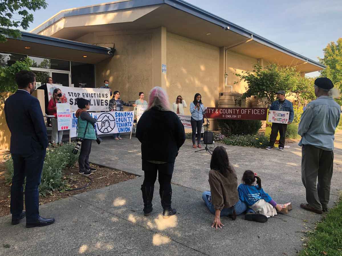 Will Carruthers ATTENTION Petaluma tenants and their supporters gathered in front of Petaluma City Hall on May 2 to advocate for additional protections for renters.