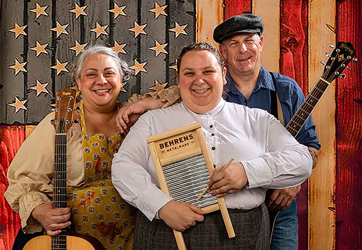 No single actor plays Guthrie. Instead, three performers provide the voice of the folk poet at various stages in his life. Photo by Ray Mabry FOLK POETS Tika Moon, Molly Larsen-Shine and Matthew Witthaus.
