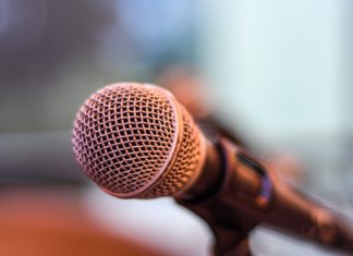 A microphone mounted in a holder