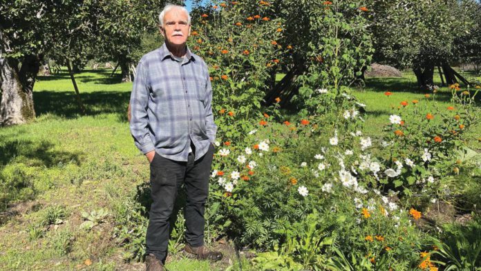 Hallberg Butterfly Gardens Donald Mahoney standing near flowers that attract butterflies to the garden.