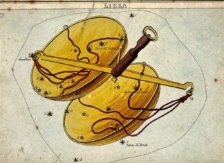 Antique illustration of the Libra constellation showing golden scales and labeled stars.