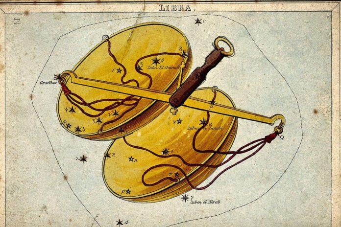 Antique illustration of the Libra constellation showing golden scales and labeled stars.