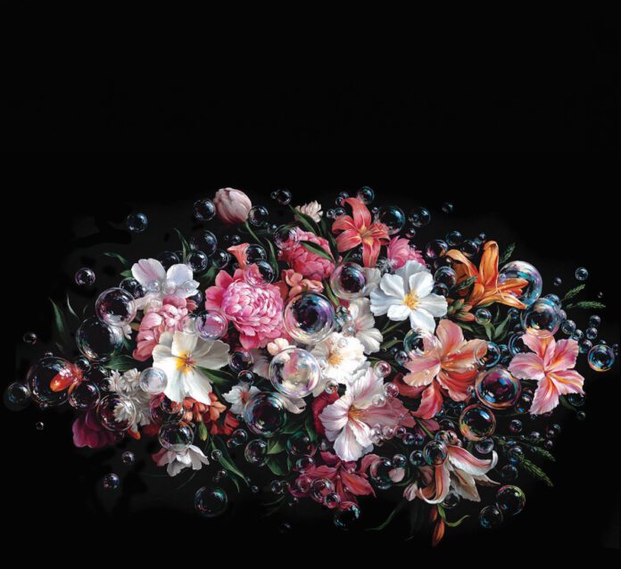 Colorful flowers and bubbles in Jake Messing’s acrylic painting “Bubbling Blooms”