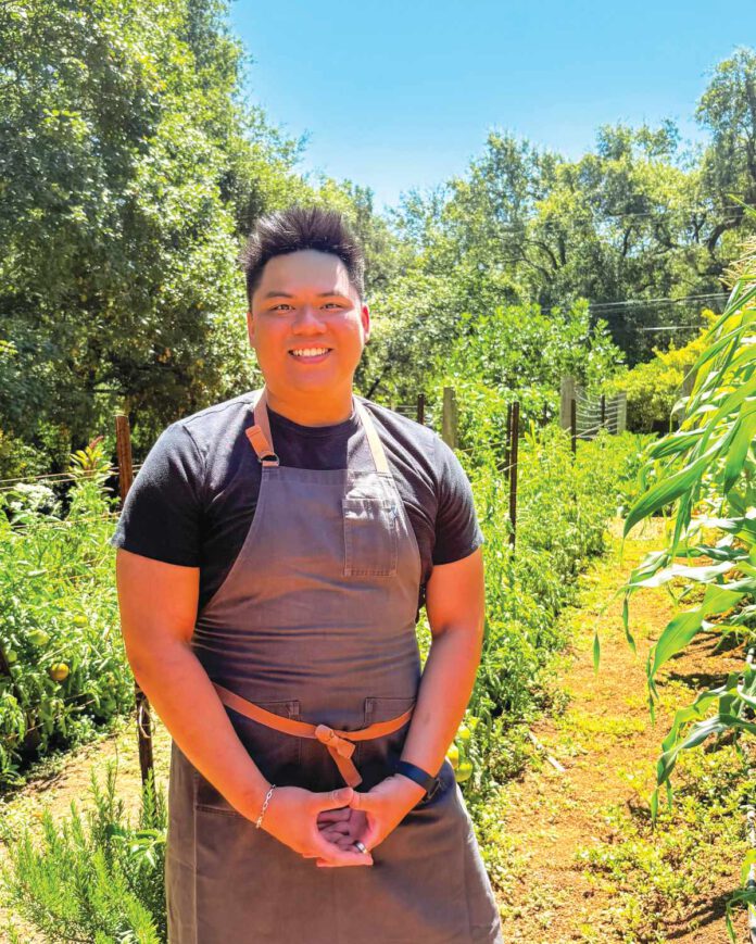 A man wearing an apron stands in a garden