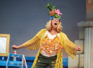 Lori Haley Fox onstage in costume during a performance of 'Mamma Mia1'