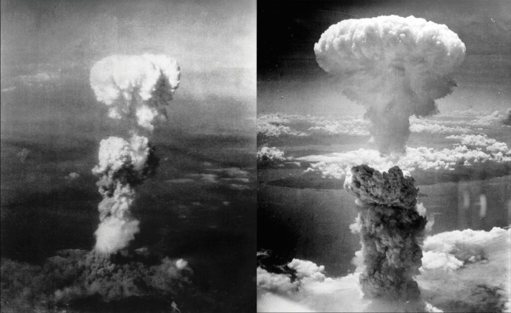 Atomic bomb mushroom clouds over Hiroshima and Nagasaki.