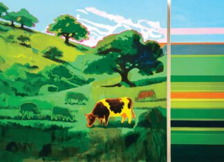 Art, Apples, Anthems & Anniversaries A stylized painting of a cow grazing on green rolling hills dotted with oak trees, beside an abstract panel of horizontal stripes in green, orange and pink.