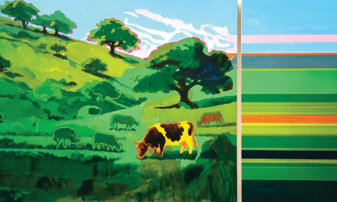 A stylized painting of a cow grazing on green rolling hills dotted with oak trees, beside an abstract panel of horizontal stripes in green, orange and pink.