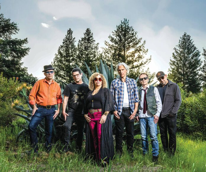 Six musicians stand together outdoors near pine trees at dusk.