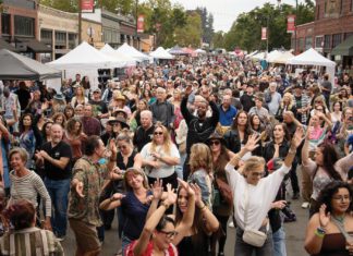 A crowd of people with arms raised dance at an outdoor festival with vendor tents in the background.