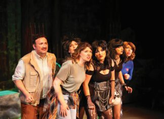Monsters in Napa: ‘…Rebobs!’ Returns to Lucky Penny Six performers in ’80s-style costumes, a man and five women, stand and look forward on the stage.
